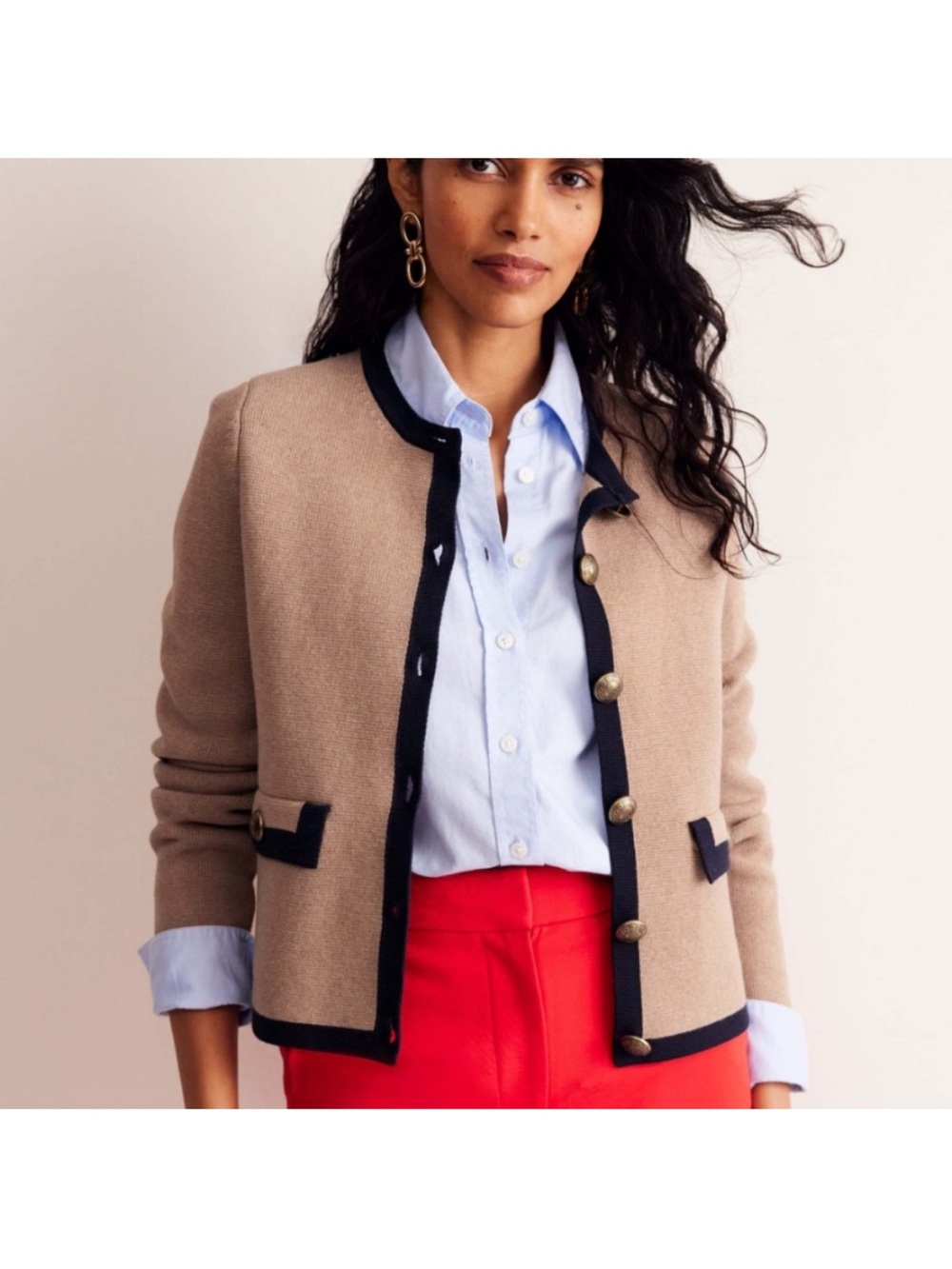 Boden Cardigan Sweater Womens 16 18 Holly Knitted Jacket Tan Tipped